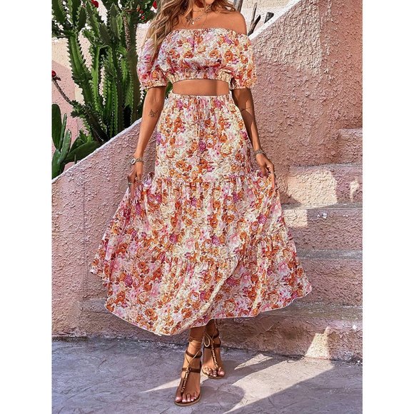 2 piece set Floral Off Shoulder Puff Sleeve Crop Top & Ruffle Hem maxi Skirt set - Picture 5 of 6